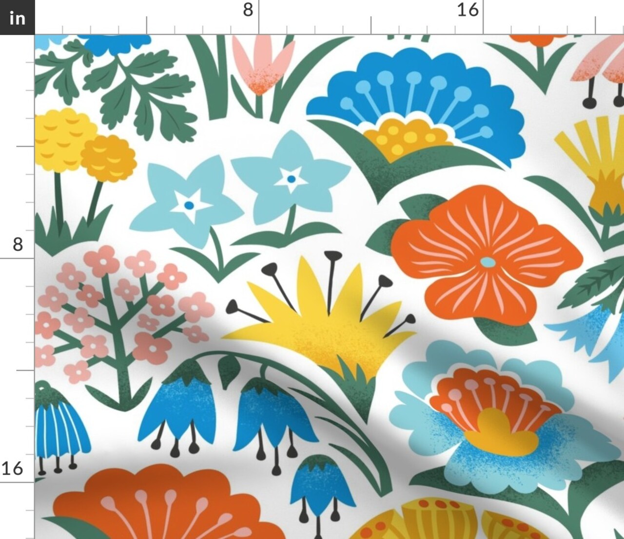 Scandinavian Floral Folk Flowers Pink Yellow Blue Garden Botanical Vintage Retro Midcentury Modern Custom Printed Fabric by Spoonflower Various Fabrics by the Yard or Fat Quarter
